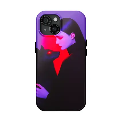 Dark Woman Holding Black Wolf Purple Background