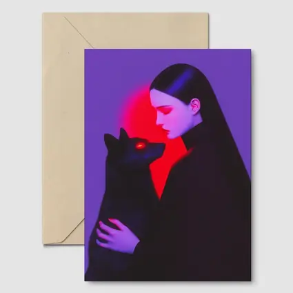 Dark Woman Holding Black Wolf Purple Background
