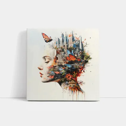 Woman Face Double Exposure City Butterflies