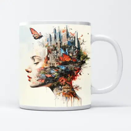 Woman Face Double Exposure City Butterflies