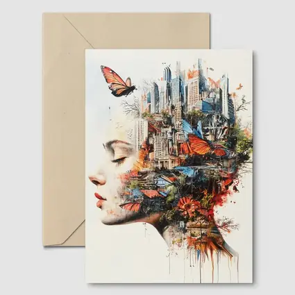 Woman Face Double Exposure City Butterflies