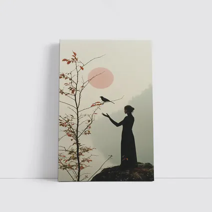 Woman Silhouette Crow Misty Autumn Fog