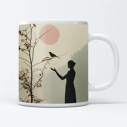 Woman Silhouette Crow Misty Autumn Fog
