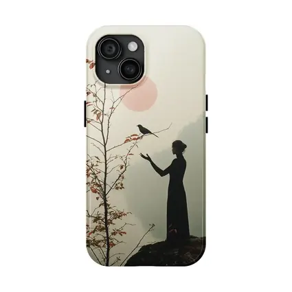 Woman Silhouette Crow Misty Autumn Fog