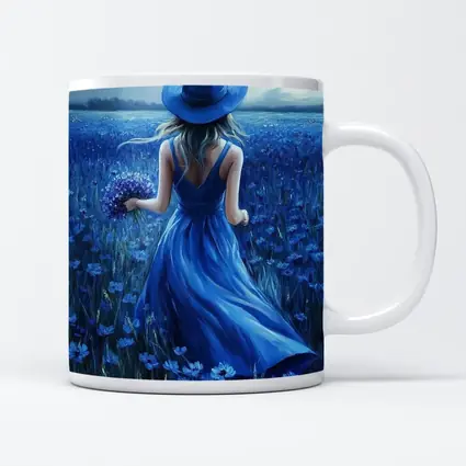 Woman in Blue Dress Cornflower Field Painting