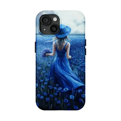 Woman in Blue Dress Cornflower Field Painting