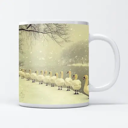 White Swans Walking In Snowy Winter Landscape
