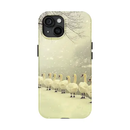 White Swans Walking In Snowy Winter Landscape