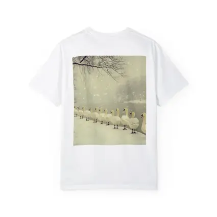 White Swans Walking In Snowy Winter Landscape