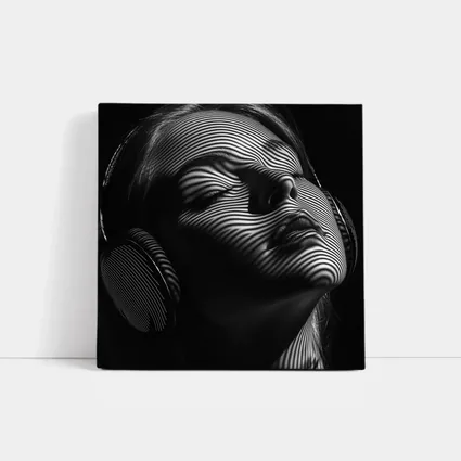Woman Headphones Optical Illusion Black White