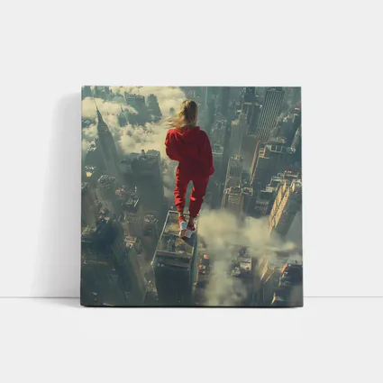 Woman in Red Above City Skyline