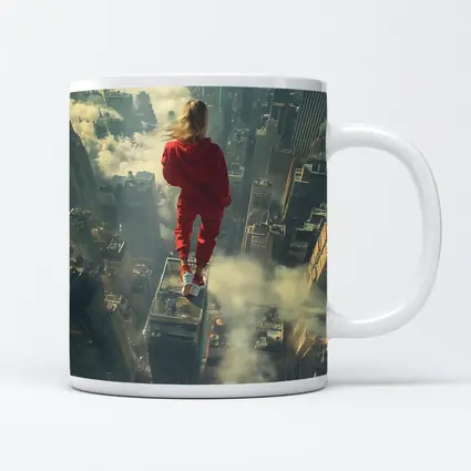 Woman in Red Above City Skyline