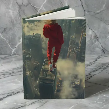 Woman in Red Above City Skyline