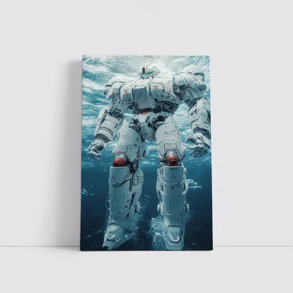 White Mech Robot Standing Underwater Ocean