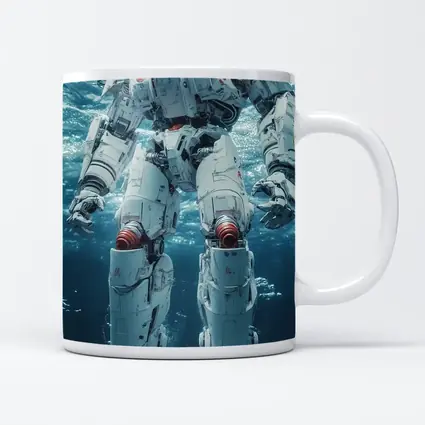 White Mech Robot Standing Underwater Ocean