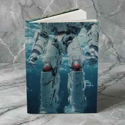 White Mech Robot Standing Underwater Ocean