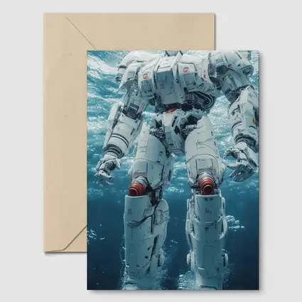 White Mech Robot Standing Underwater Ocean