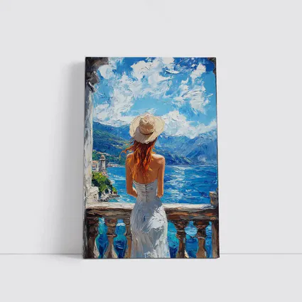 Woman On Balcony Mediterranean Sea Oil Painting