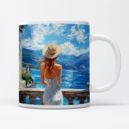 Woman On Balcony Mediterranean Sea Oil Painting