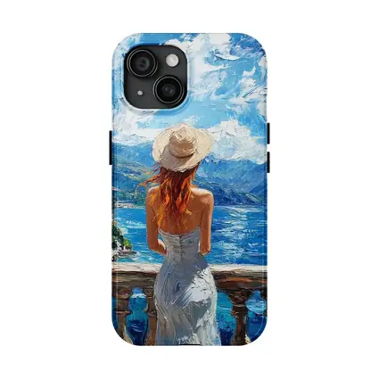 Woman On Balcony Mediterranean Sea Oil Painting