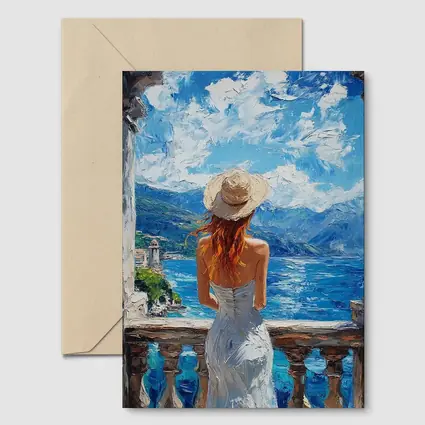 Woman On Balcony Mediterranean Sea Oil Painting