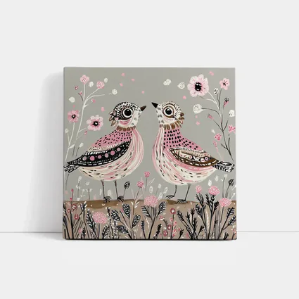 Two Folk Art Birds Pink Floral Garden
