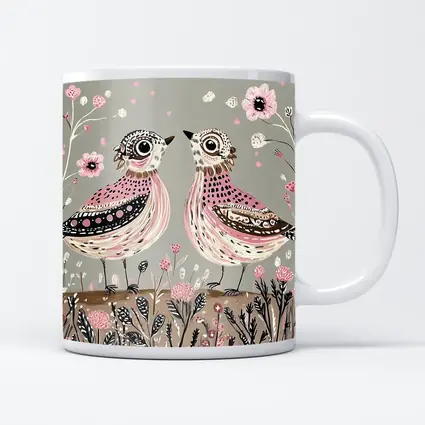 Two Folk Art Birds Pink Floral Garden