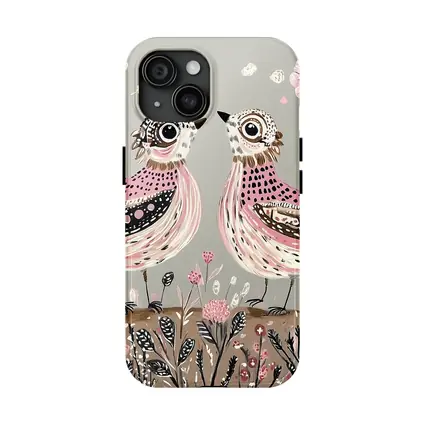 Two Folk Art Birds Pink Floral Garden