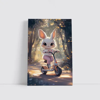Cute Bunny Riding Scooter Forest Path