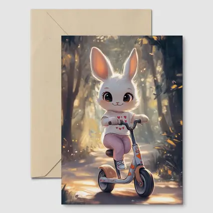 Cute Bunny Riding Scooter Forest Path