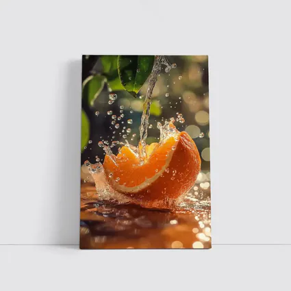 Fresh Orange Slice Water Splash Green Leaves