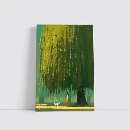 Woman With Dog Under Weeping Willow Tree