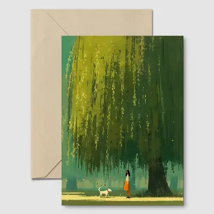 Woman With Dog Under Weeping Willow Tree