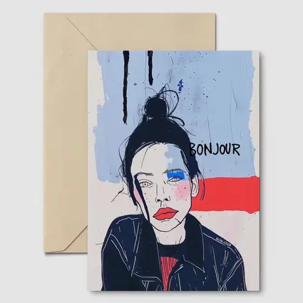 Bonjour French Girl Portrait Blue Red