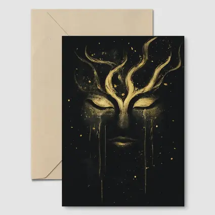 Gold Mystical Face Black Dark Background Art