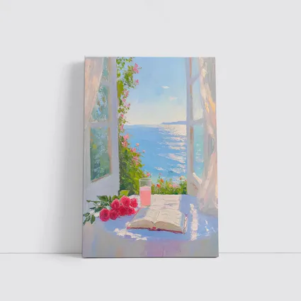 Oil Painting Roses Book Ocean Window View