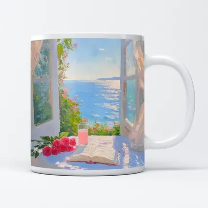 Oil Painting Roses Book Ocean Window View