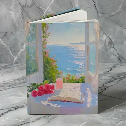 Oil Painting Roses Book Ocean Window View