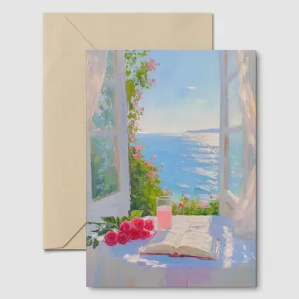 Oil Painting Roses Book Ocean Window View