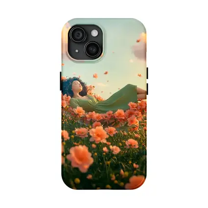 Woman Resting in Dreamy Orange Flower Field