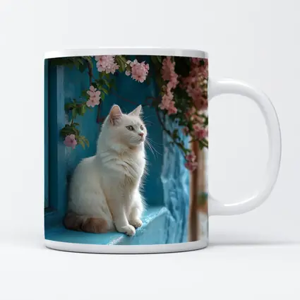 White Cat Sitting on Blue Window Ledge