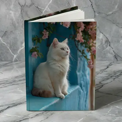 White Cat Sitting on Blue Window Ledge