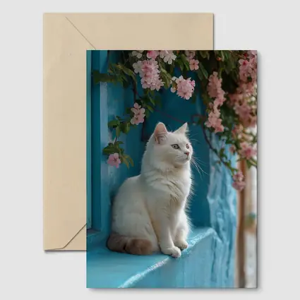 White Cat Sitting on Blue Window Ledge