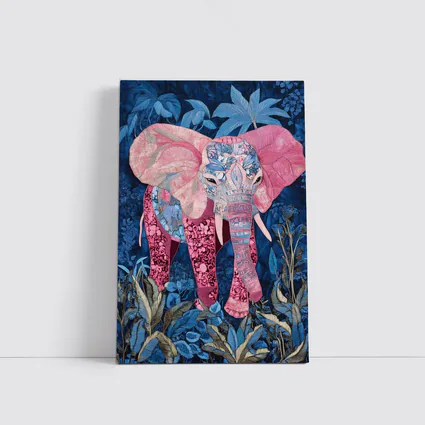 Pink Elephant Patchwork Art Blue Tropical Jungle
