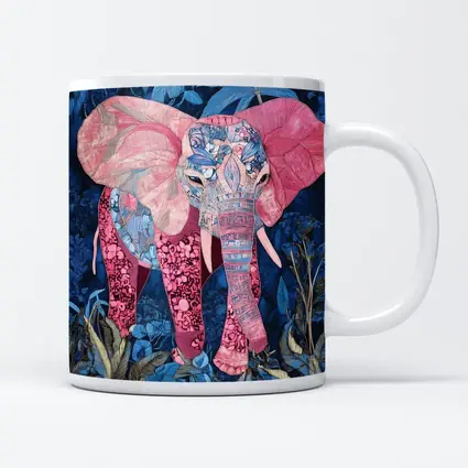 Pink Elephant Patchwork Art Blue Tropical Jungle