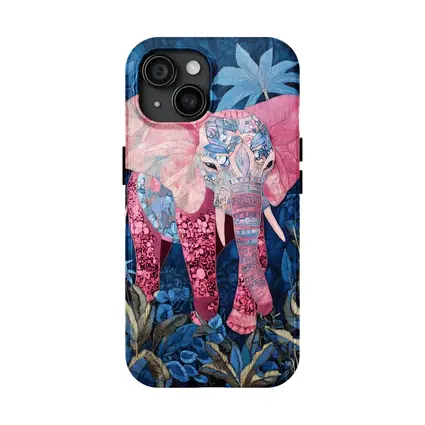 Pink Elephant Patchwork Art Blue Tropical Jungle