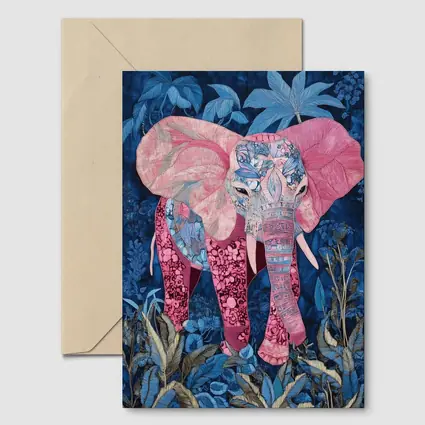 Pink Elephant Patchwork Art Blue Tropical Jungle