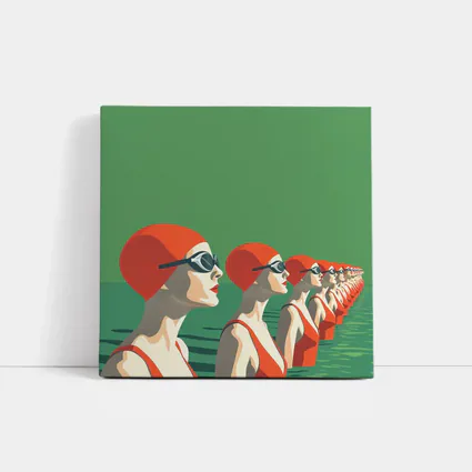Retro Swimmers Red Caps Green Water