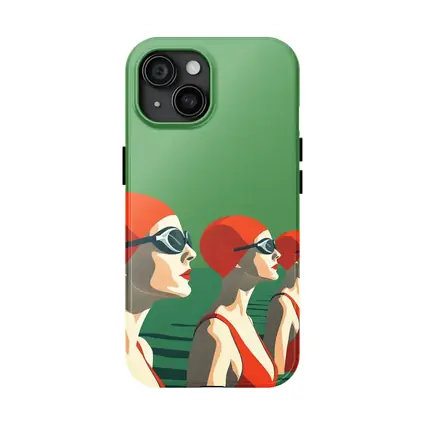Retro Swimmers Red Caps Green Water