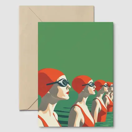 Retro Swimmers Red Caps Green Water